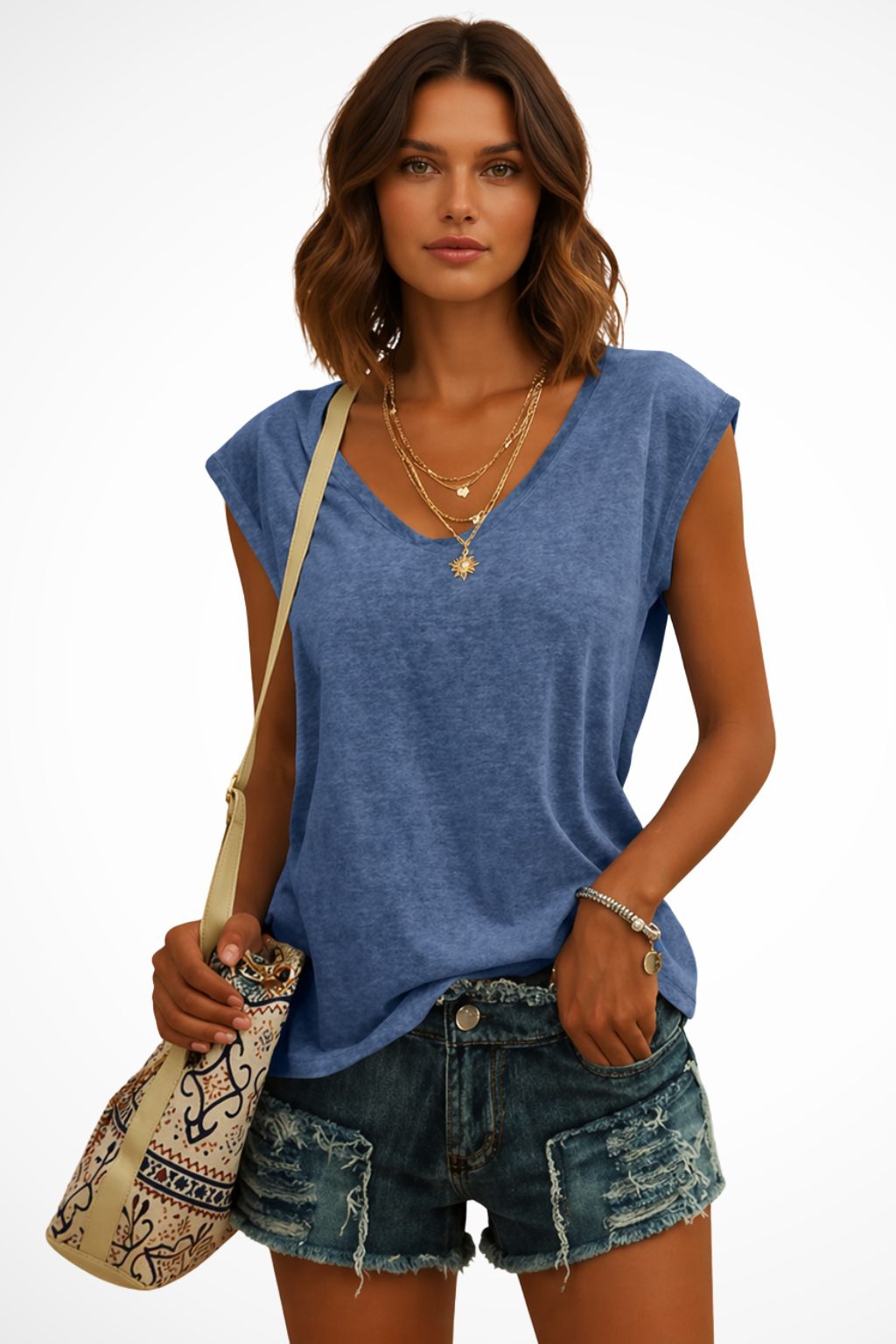 Damen T-Shirt mit lockerem Schnitt, V-Ausschnitt und kurzen Kappenärmeln