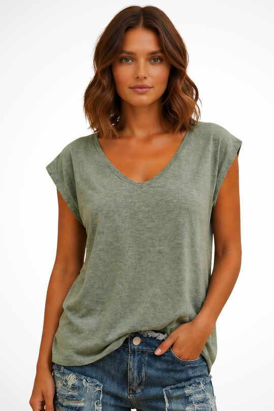 Damen T-Shirt mit lockerem Schnitt, V-Ausschnitt und kurzen Kappenärmeln