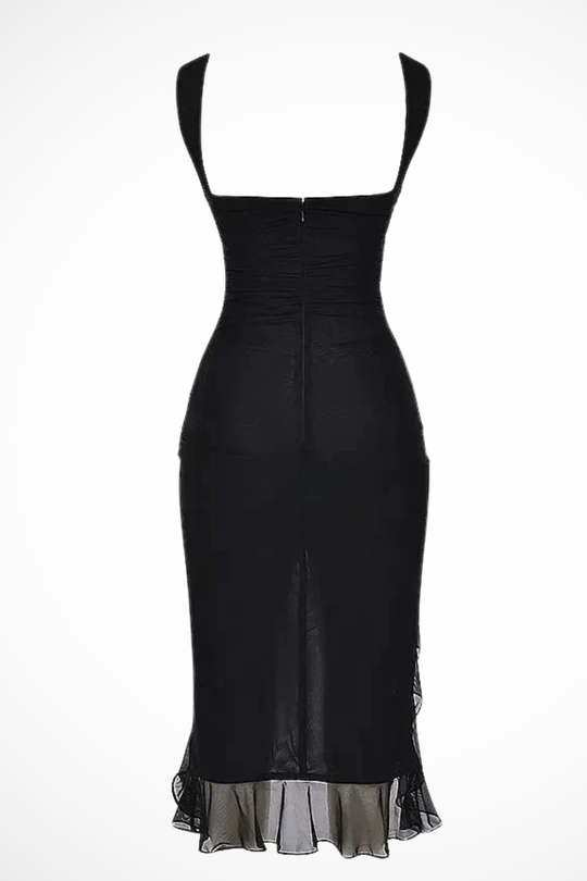 Women's Ruched Ruffle Hem Cocktail Midi Dress
