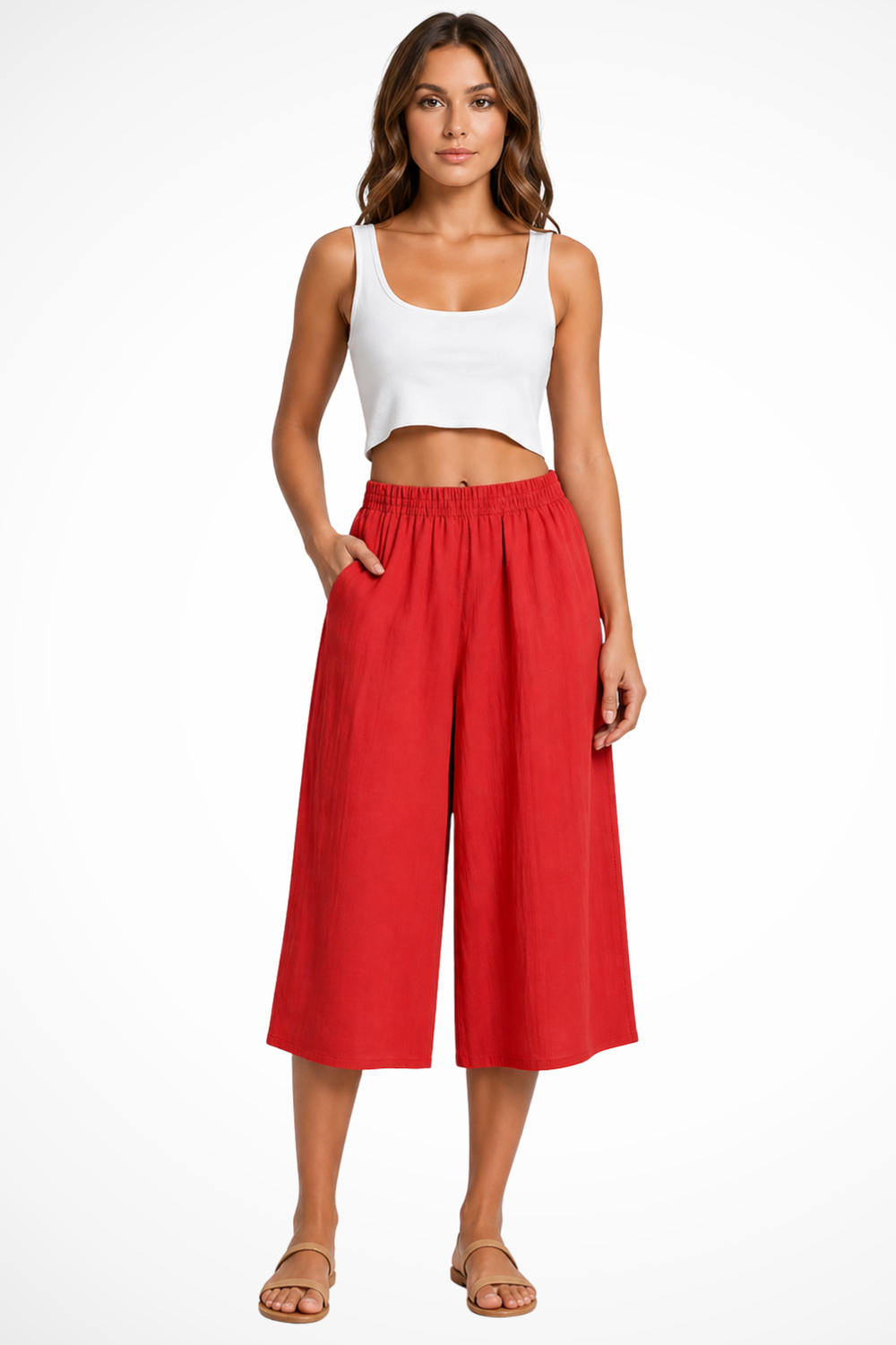 Damen Culotte-Hose mit weitem Bein und Taschen, gekürzt