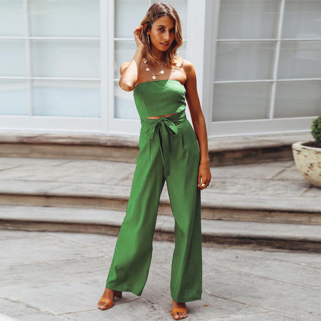 Women's Strapless Wide Leg Jumpsuit with Tie Waist