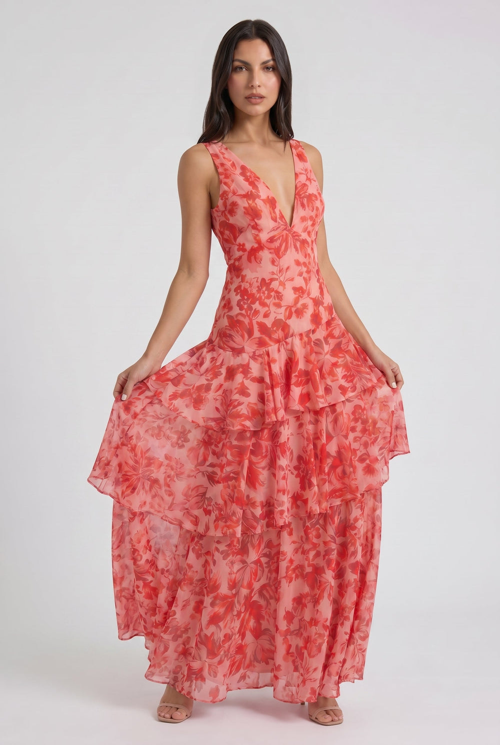 Women's Floral Tiered Maxi Dress with Deep V-Neck for Special Occasions
