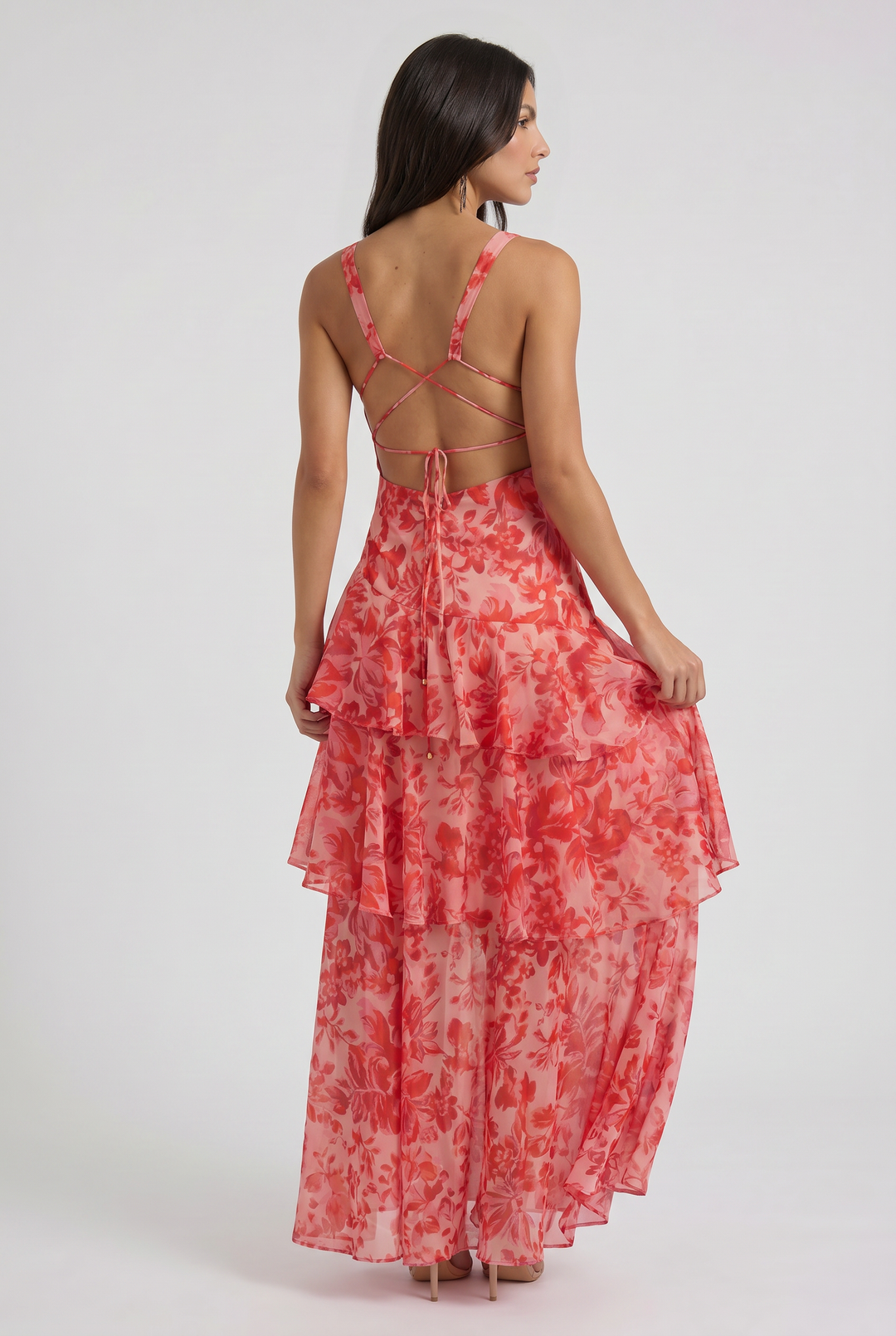 Women's Floral Tiered Maxi Dress with Deep V-Neck for Special Occasions