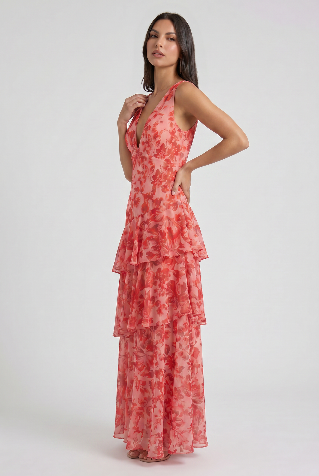 Women's Floral Tiered Maxi Dress with Deep V-Neck for Special Occasions