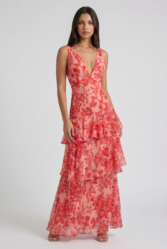 Women's Floral Tiered Maxi Dress with Deep V-Neck for Special Occasions
