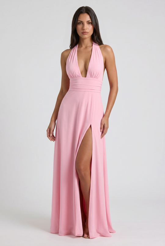 Women's Halter Neck Maxi Dress with High Slit for Evening Occasions