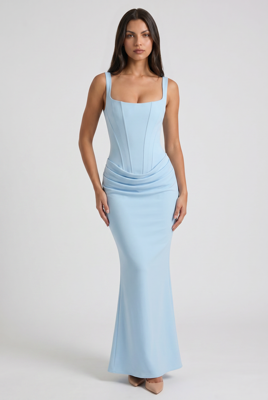 Women's Square Neck Mermaid Maxi Dress with Corset-Inspired Bodice