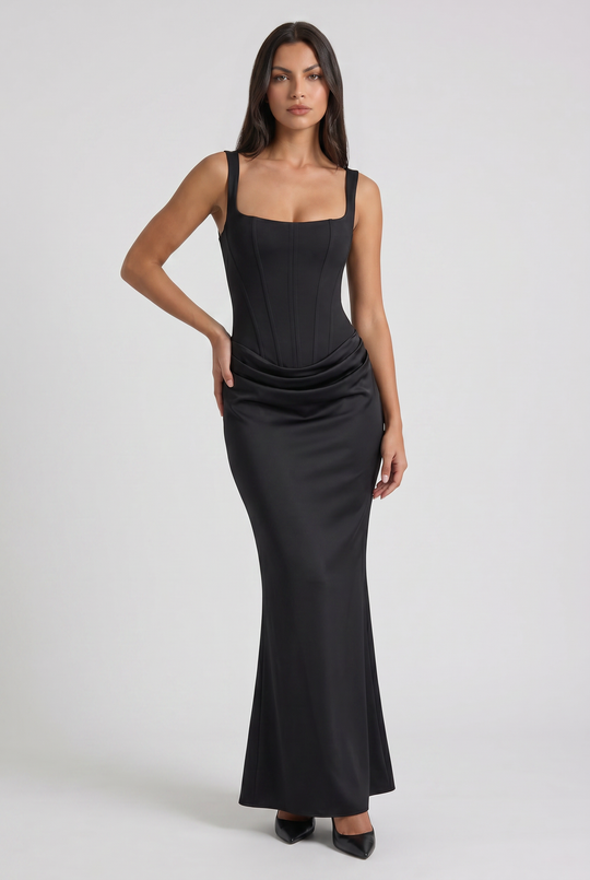Women's Square Neck Mermaid Maxi Dress with Corset-Inspired Bodice