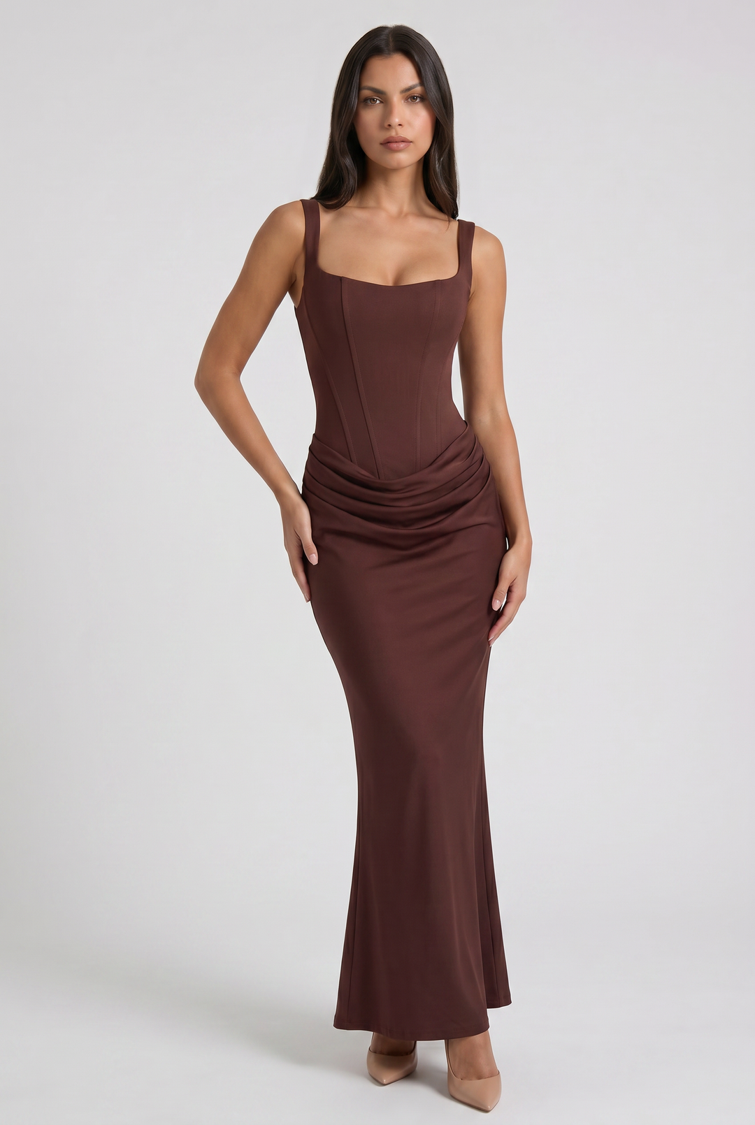 Women's Square Neck Mermaid Maxi Dress with Corset-Inspired Bodice