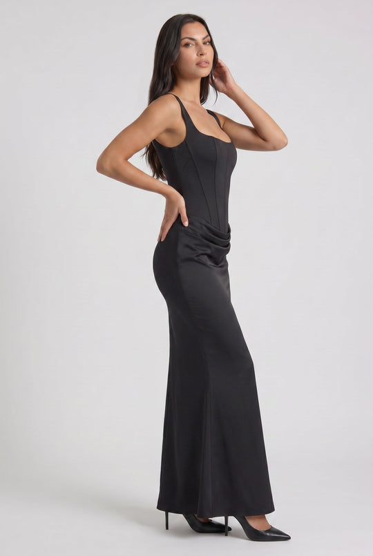 Women's Square Neck Mermaid Maxi Dress with Corset-Inspired Bodice