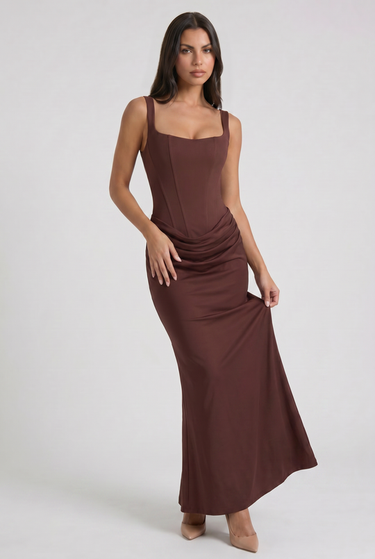 Women's Square Neck Mermaid Maxi Dress with Corset-Inspired Bodice