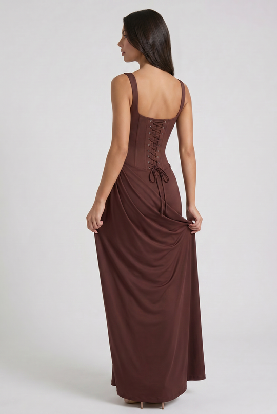 Women's Square Neck Mermaid Maxi Dress with Corset-Inspired Bodice