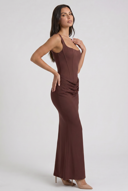 Women's Square Neck Mermaid Maxi Dress with Corset-Inspired Bodice