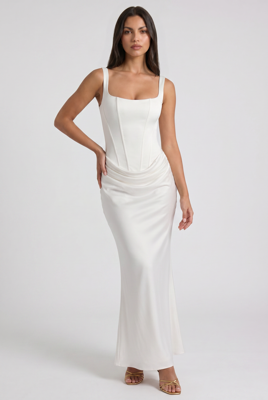 Women's Square Neck Mermaid Maxi Dress with Corset-Inspired Bodice