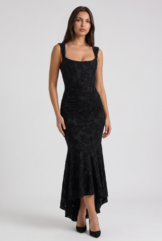 Women's Floral Jacquard Mermaid Midi Dress with Draped Waist