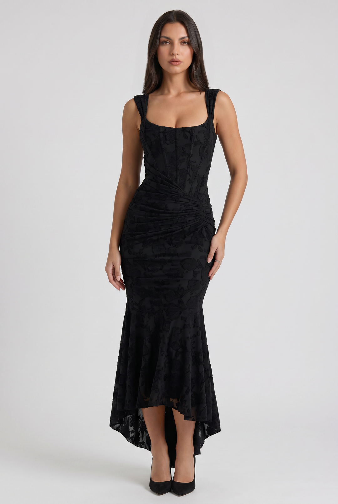 Women's Floral Jacquard Mermaid Midi Dress with Draped Waist