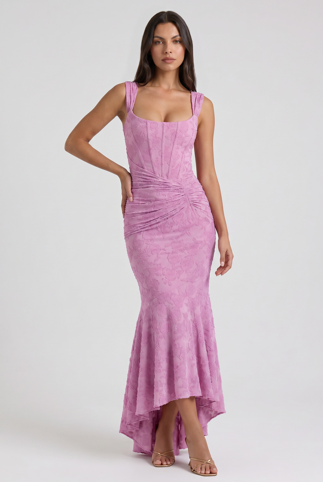 Women's Floral Jacquard Mermaid Midi Dress with Draped Waist
