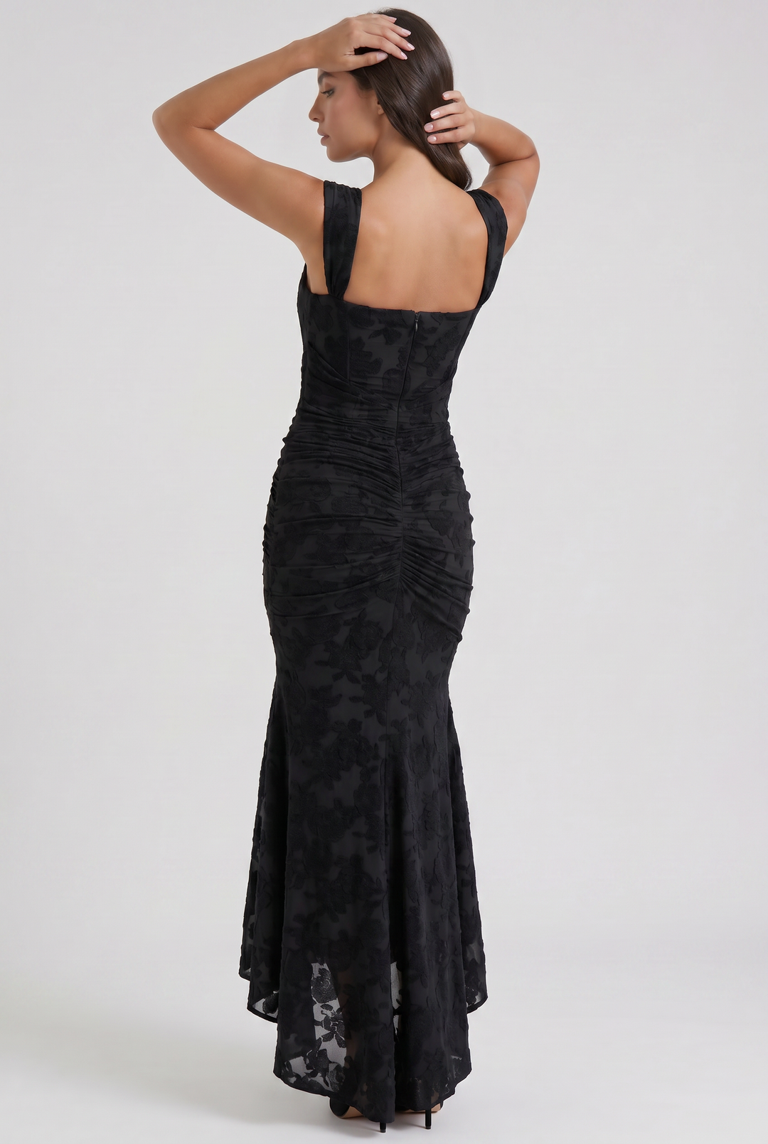 Women's Floral Jacquard Mermaid Midi Dress with Draped Waist