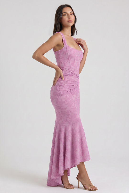 Women's Floral Jacquard Mermaid Midi Dress with Draped Waist