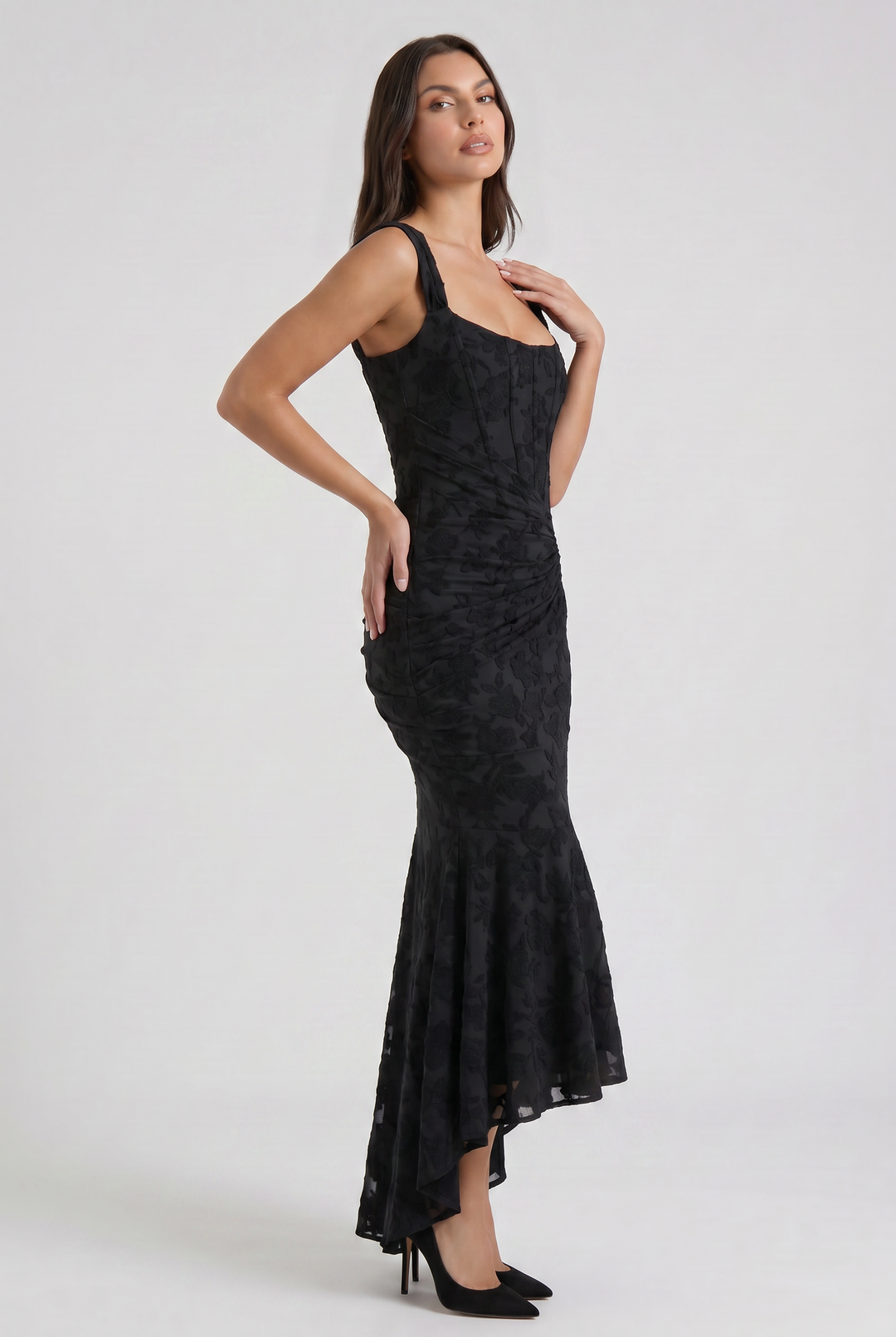 Women's Floral Jacquard Mermaid Midi Dress with Draped Waist