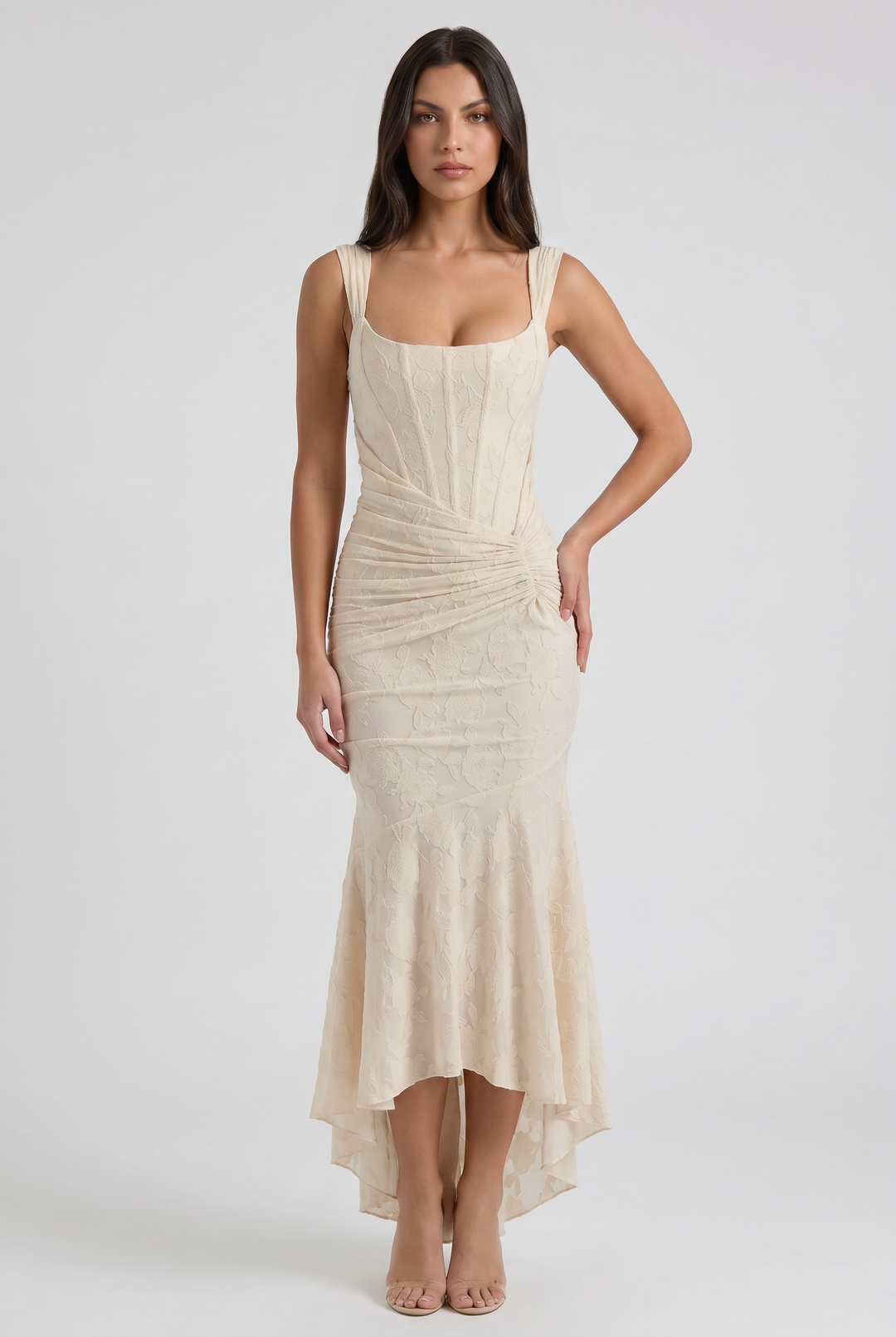Women's Floral Jacquard Mermaid Midi Dress with Draped Waist