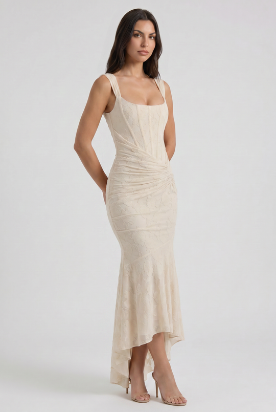 Women's Floral Jacquard Mermaid Midi Dress with Draped Waist