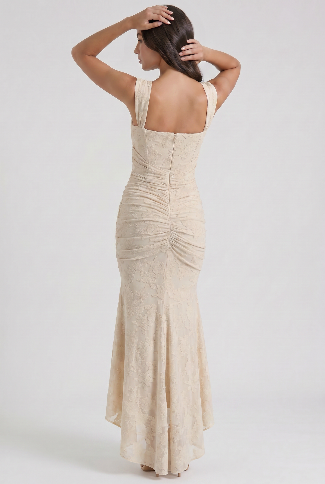 Women's Floral Jacquard Mermaid Midi Dress with Draped Waist