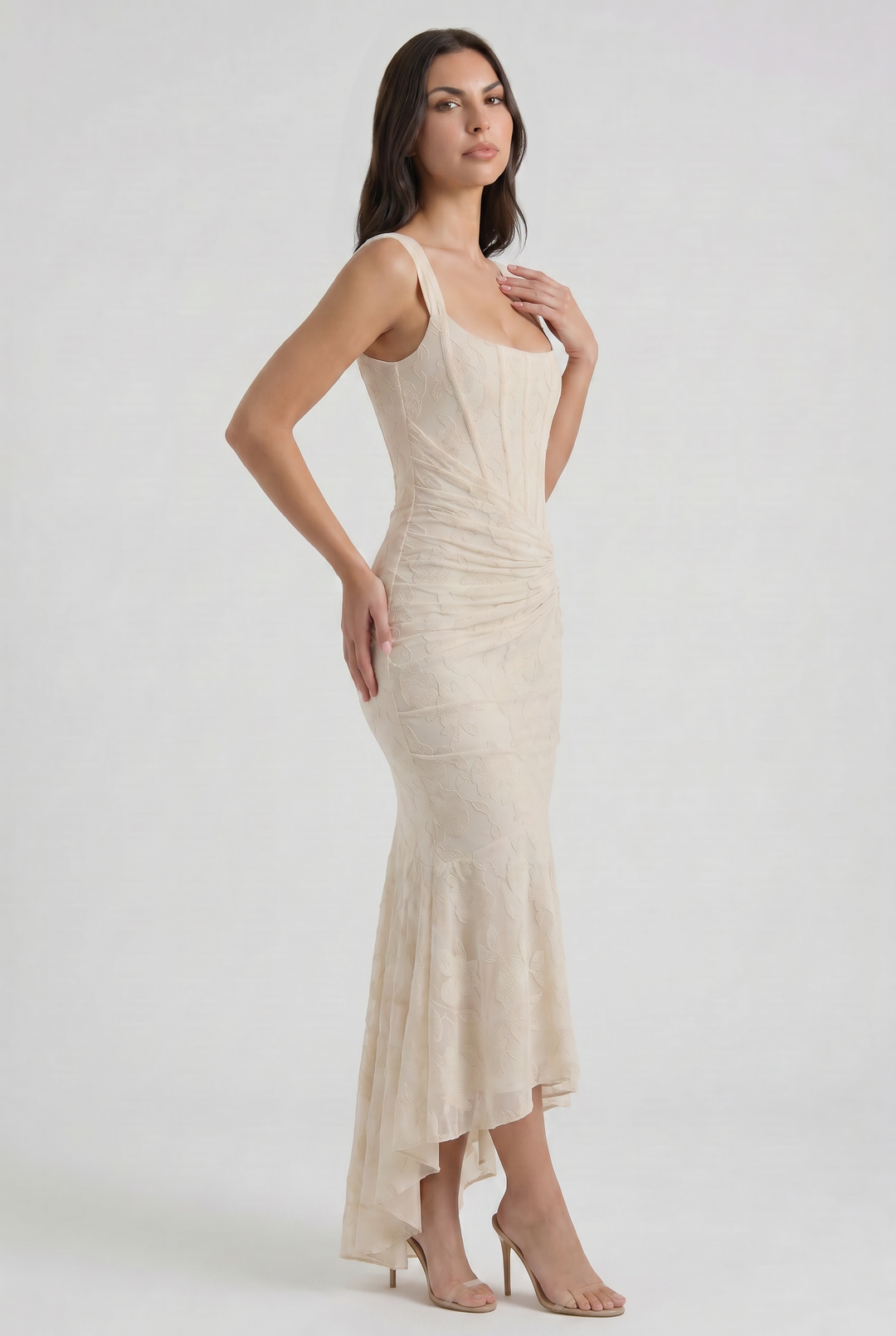 Women's Floral Jacquard Mermaid Midi Dress with Draped Waist