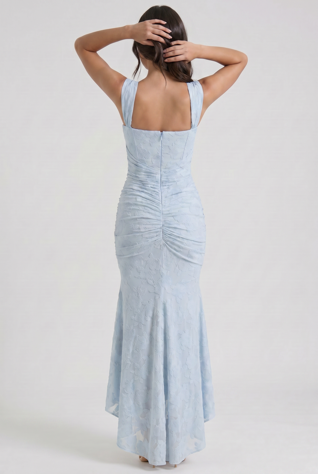 Women's Floral Jacquard Mermaid Midi Dress with Draped Waist
