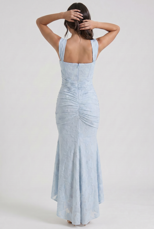 Women's Floral Jacquard Mermaid Midi Dress with Draped Waist