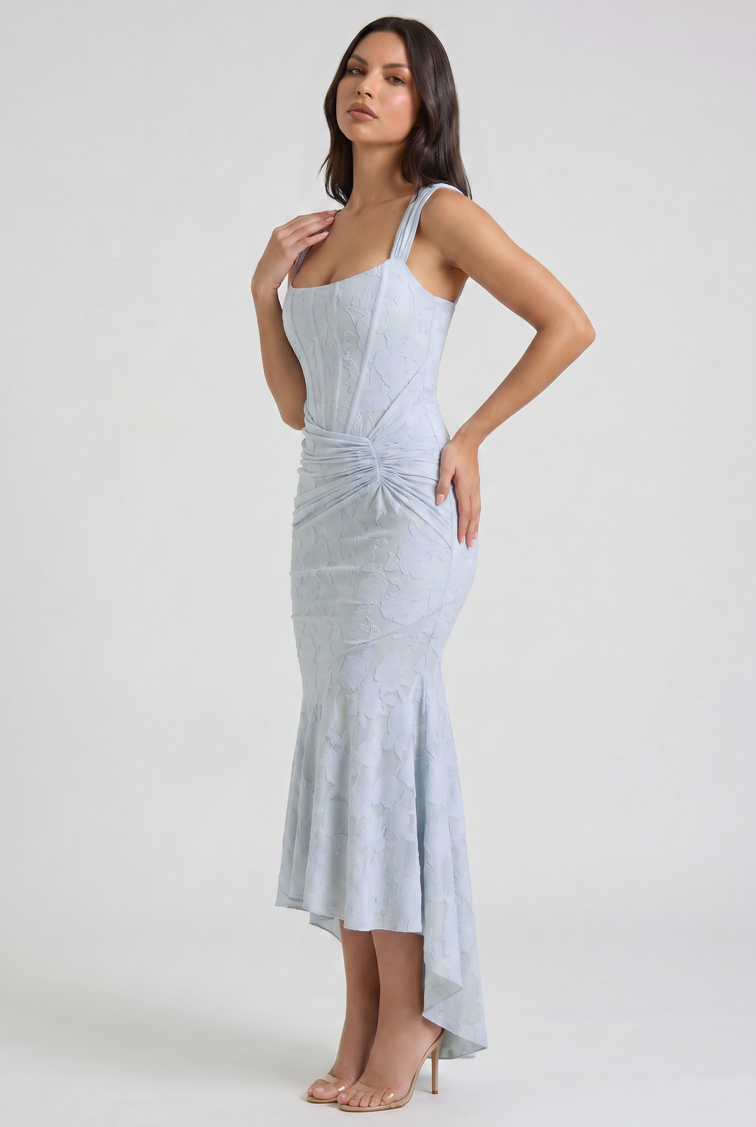 Women's Floral Jacquard Mermaid Midi Dress with Draped Waist