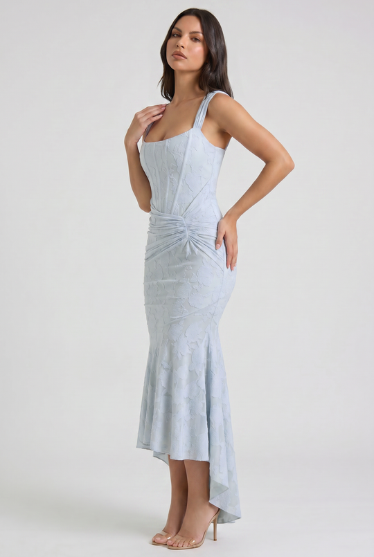 Women's Floral Jacquard Mermaid Midi Dress with Draped Waist