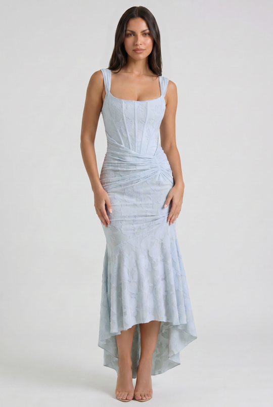 Women's Floral Jacquard Mermaid Midi Dress with Draped Waist