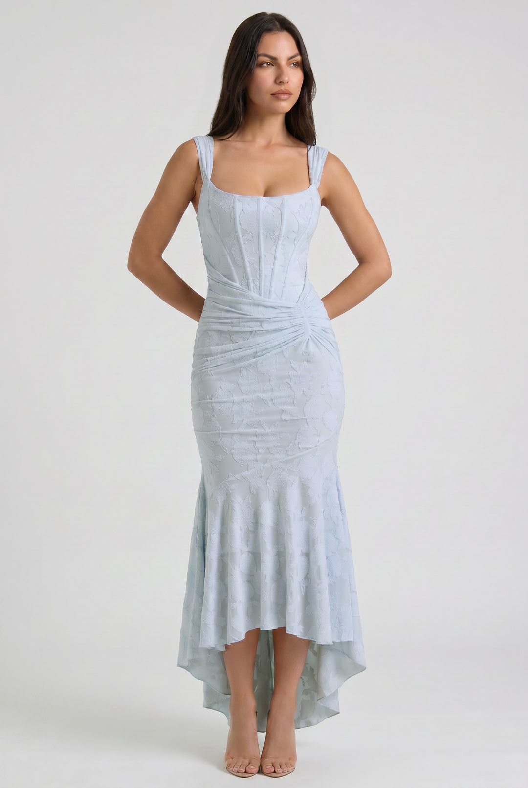 Women's Floral Jacquard Mermaid Midi Dress with Draped Waist