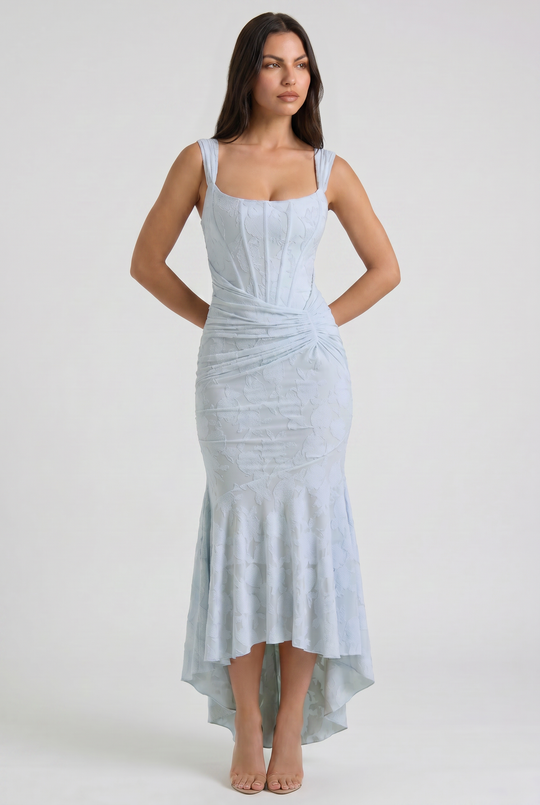 Women's Floral Jacquard Mermaid Midi Dress with Draped Waist