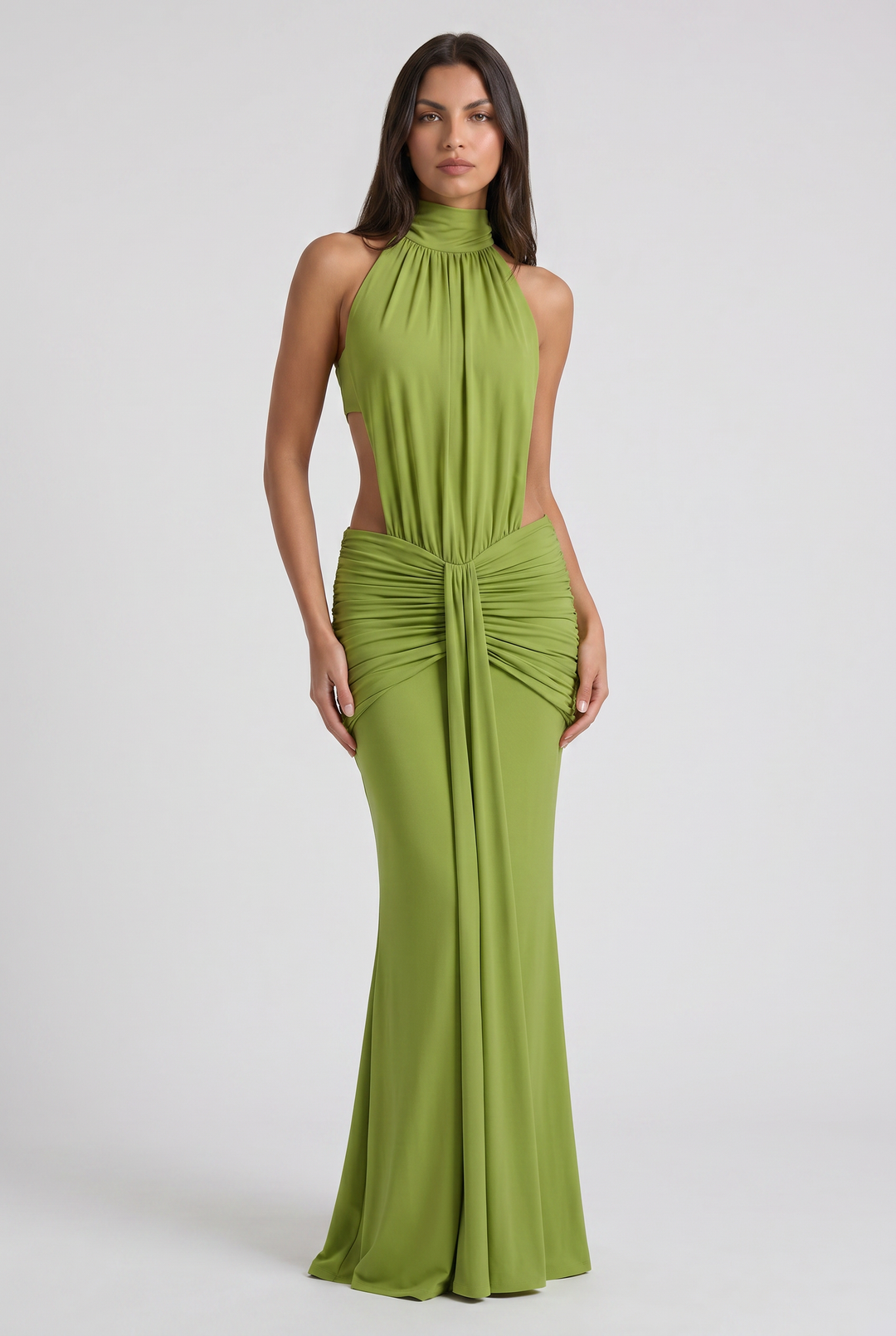 Women's High Neck Cut Out Ruched Maxi Dress