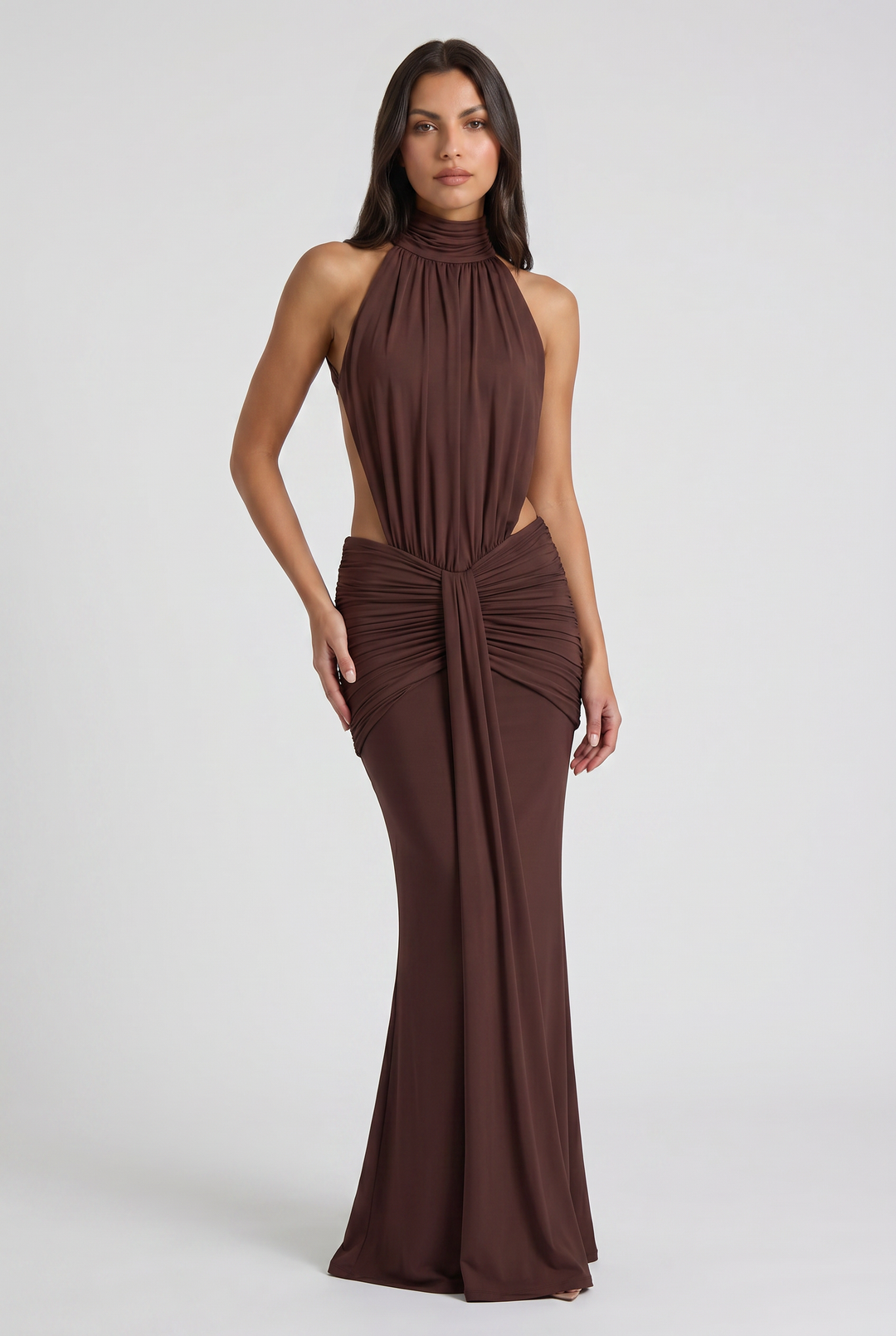 Women's High Neck Cut Out Ruched Maxi Dress