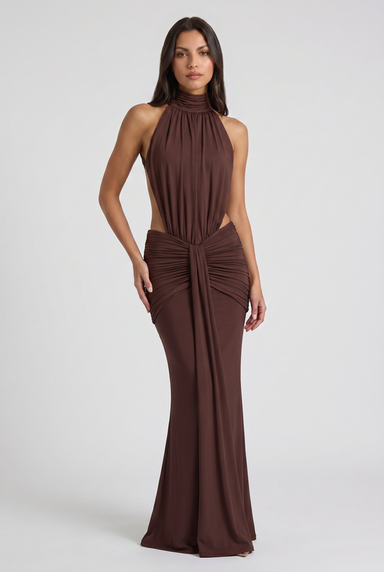 Women's High Neck Cut Out Ruched Maxi Dress