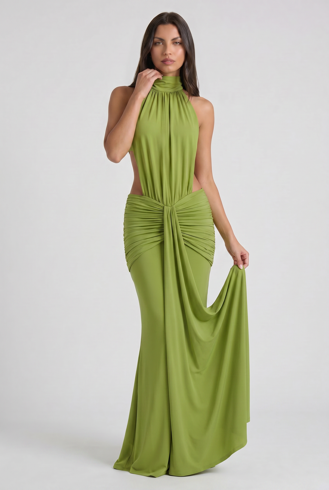 Women's High Neck Cut Out Ruched Maxi Dress