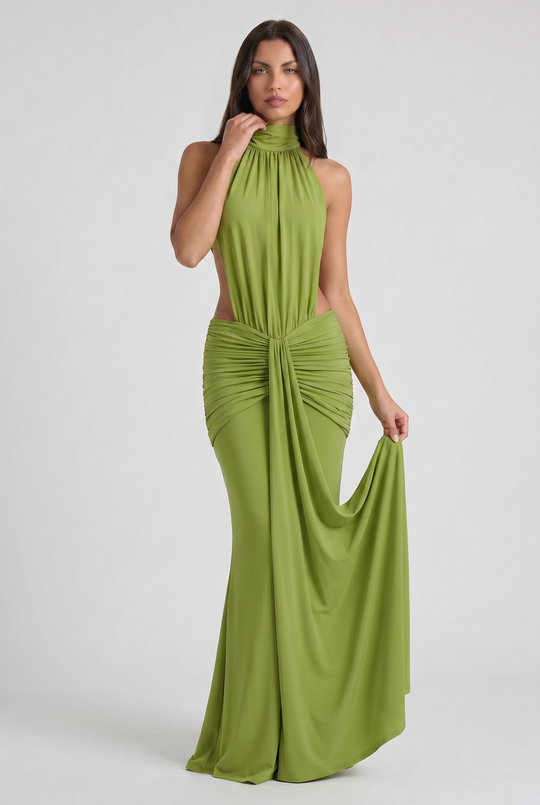 Women's High Neck Cut Out Ruched Maxi Dress