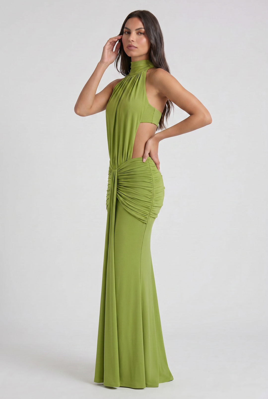 Women's High Neck Cut Out Ruched Maxi Dress