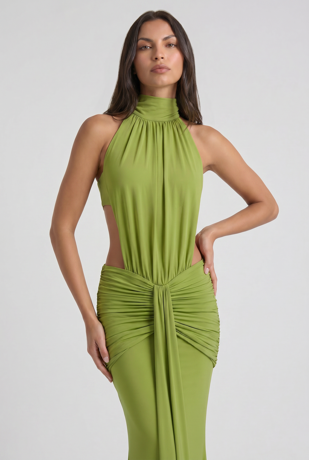 Women's High Neck Cut Out Ruched Maxi Dress