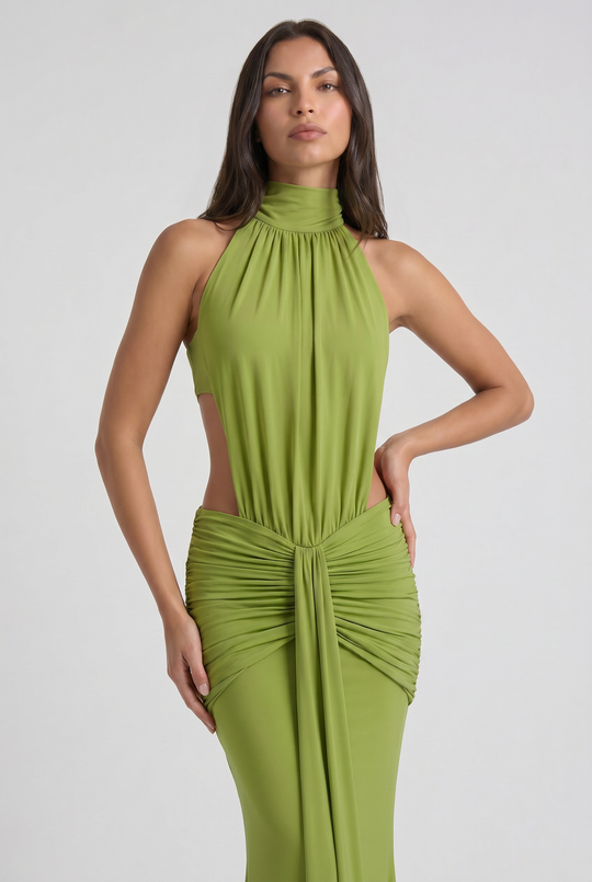 Women's High Neck Cut Out Ruched Maxi Dress