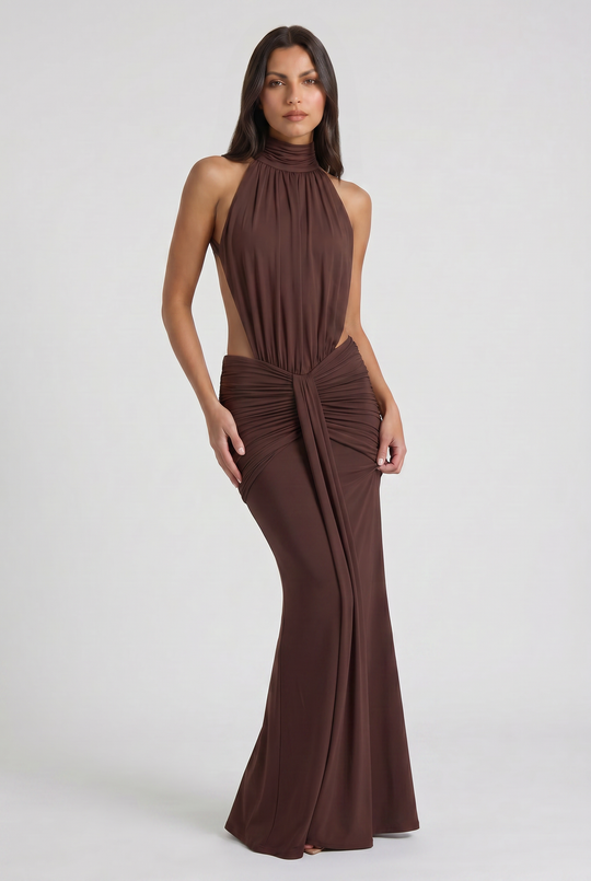 Women's High Neck Cut Out Ruched Maxi Dress