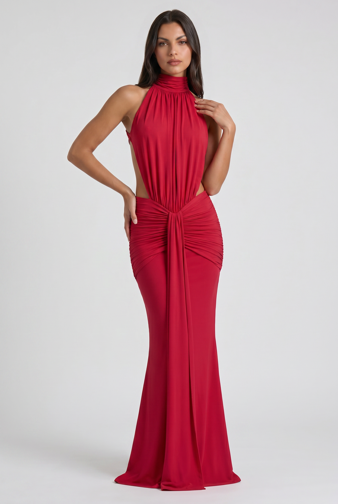 Women's High Neck Cut Out Ruched Maxi Dress