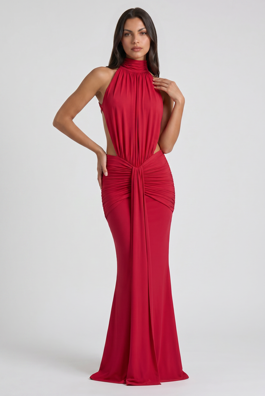 Women's High Neck Cut Out Ruched Maxi Dress