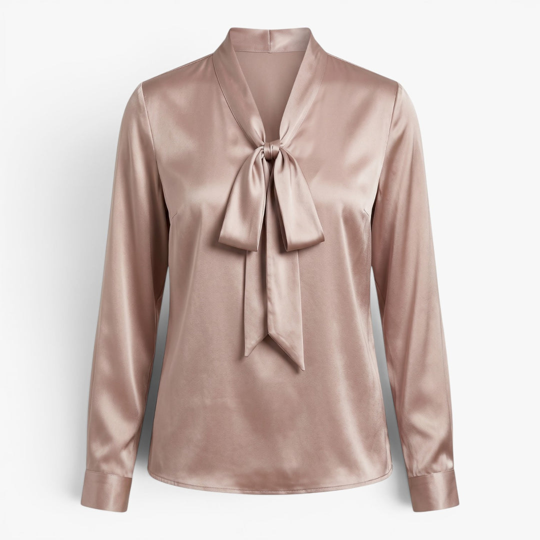Damen elegante Satin-Bluse mit Bindekragen und langen Ärmeln