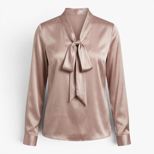Damen elegante Satin-Bluse mit Bindekragen und langen Ärmeln