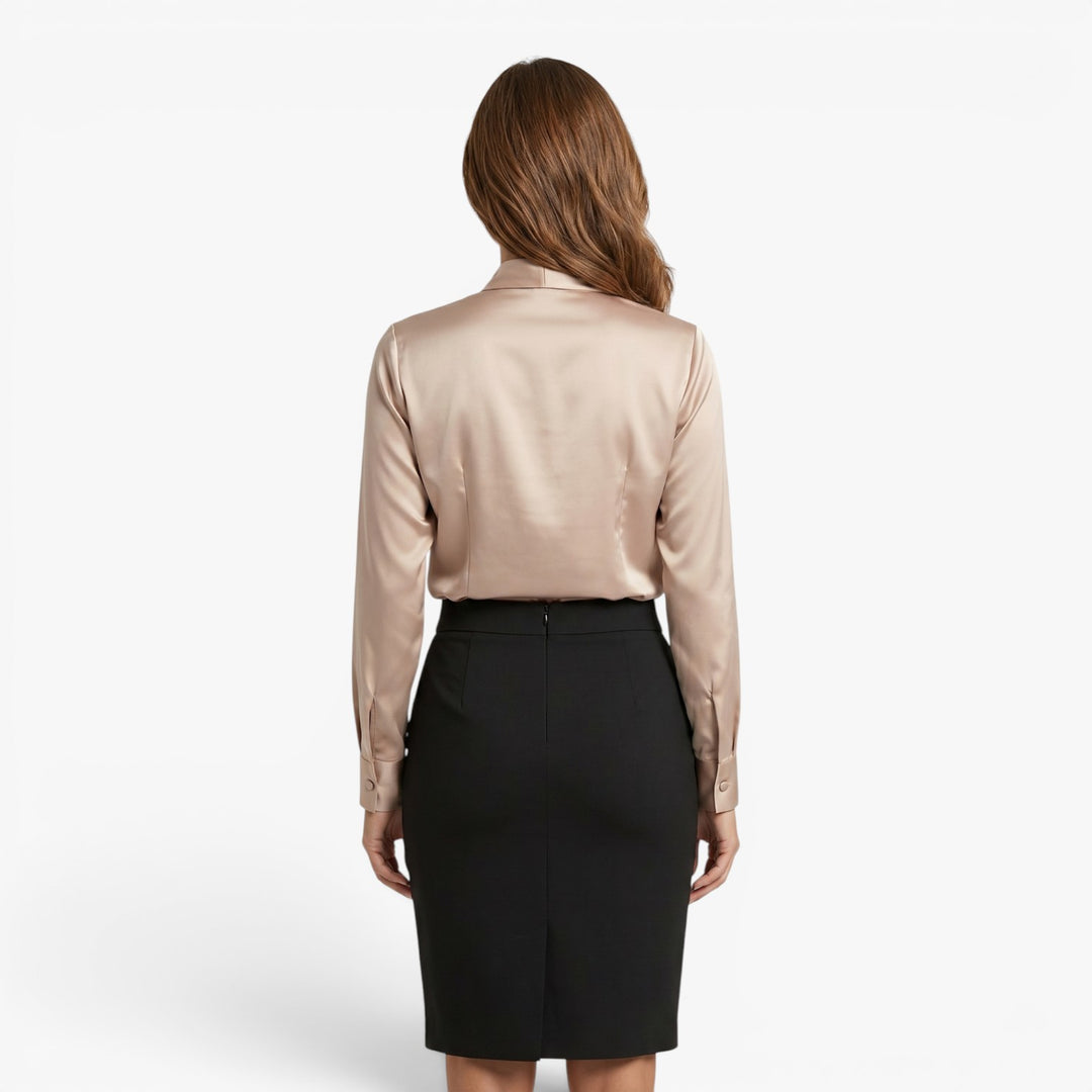 Damen elegante Satin-Bluse mit Bindekragen und langen Ärmeln