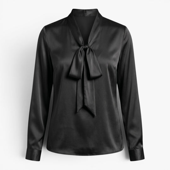 Damen elegante Satin-Bluse mit Bindekragen und langen Ärmeln